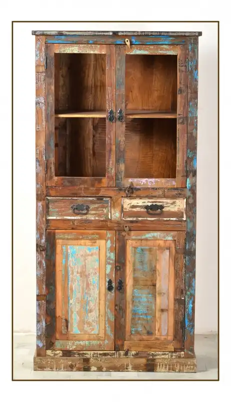 Reclaimed Wood Vintage Display Cabinet with 2 Drawer & 4 Doors - popular handicrafts